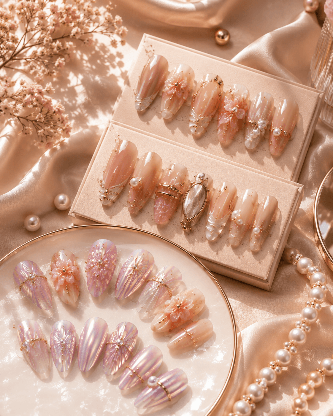 Close-up of handcrafted almond press-on nails in a soft blush tone
